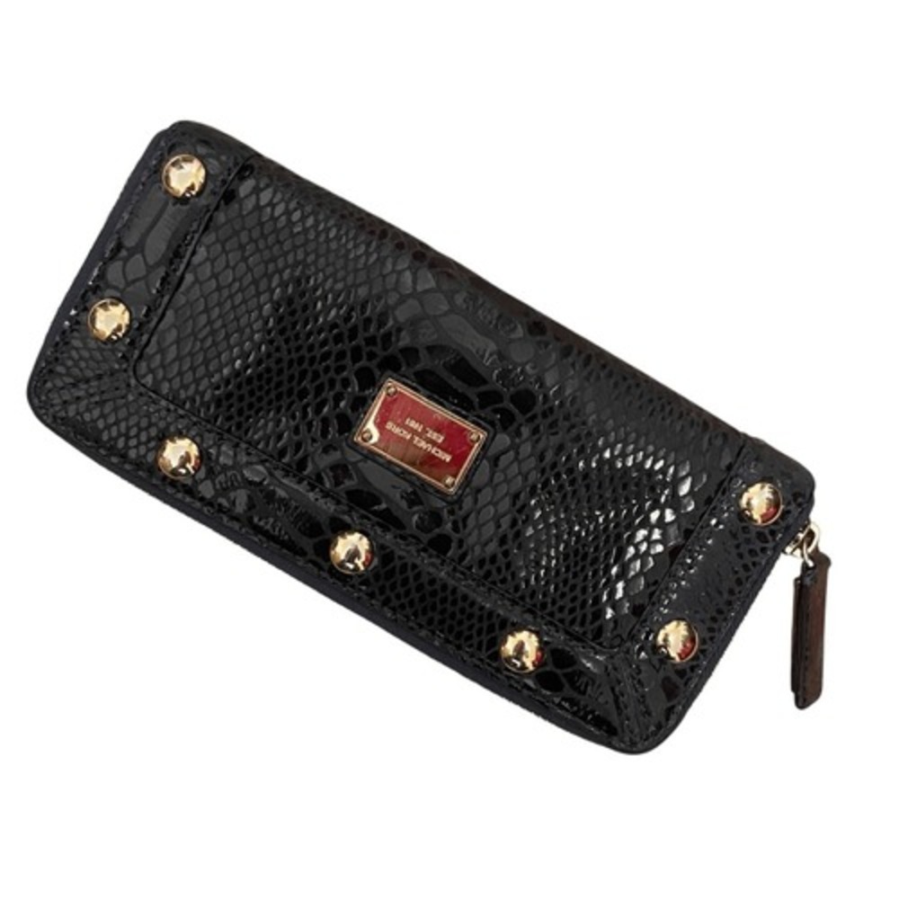 Michael Kors Black Snakeskin Embossed Studded Zip Around Continental Wallet